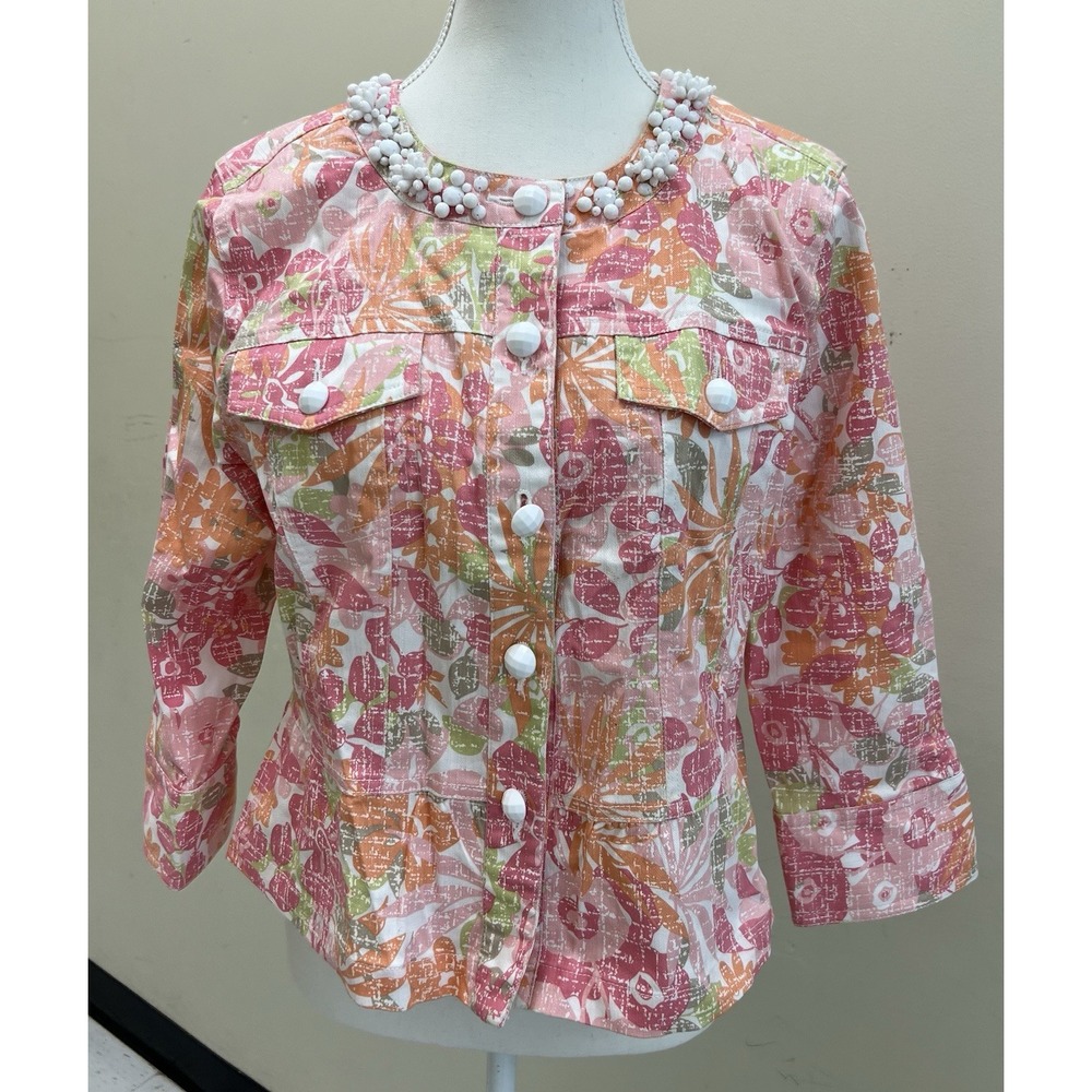 Ruby Rd Wms 8 Multi Color Cotton Spandex Beaded Top Jacket